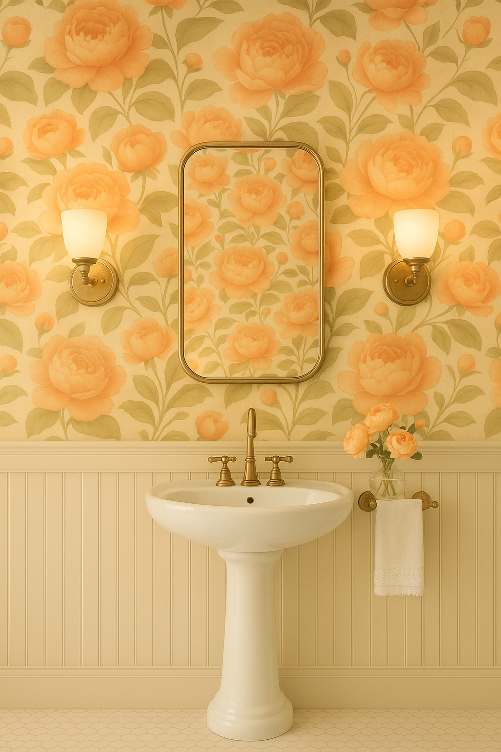 Floral peony wallpaper with light orange blossoms and green foliage pattern.