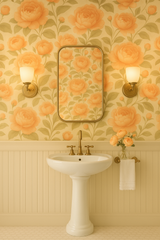 Floral peony wallpaper with light orange blossoms and green foliage pattern.