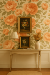Floral peony wallpaper with peach flowers and green leaves, covering the wall behind a table.
