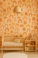 Boho Bliss wallpaper with orange sun and rainbow pattern, textured with semicircles and foliage.