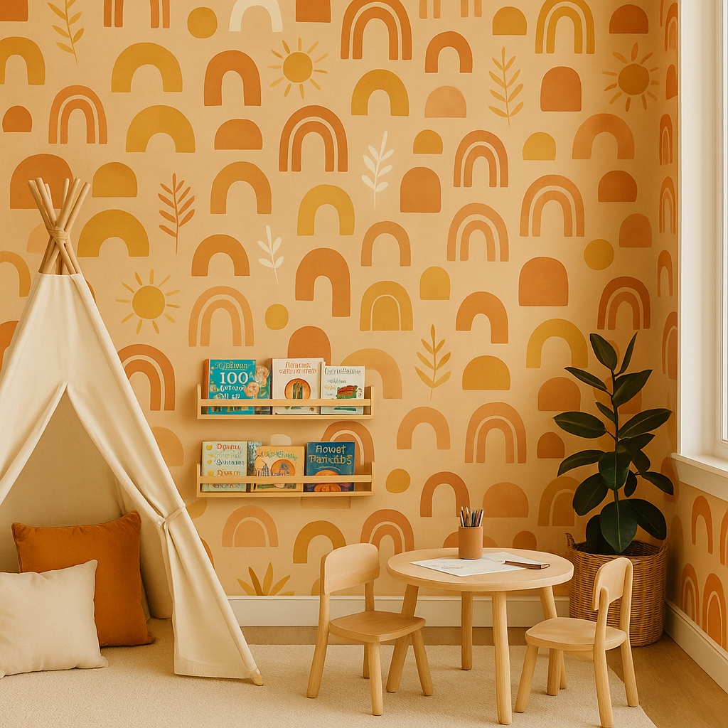 Boho Bliss Wallpaper with boho rainbow pattern, designed with orange, yellow, and white shapes.
