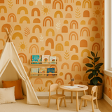 Boho Bliss Wallpaper with boho rainbow pattern, designed with orange, yellow, and white shapes.
