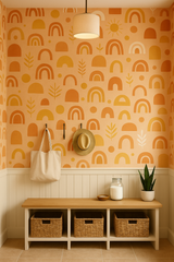 Boho Bliss Wallpaper with orange pattern, including rainbows, half circles, sun and foliage.
