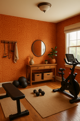 Orange and tan geometric maze wallpaper with a retro pattern.