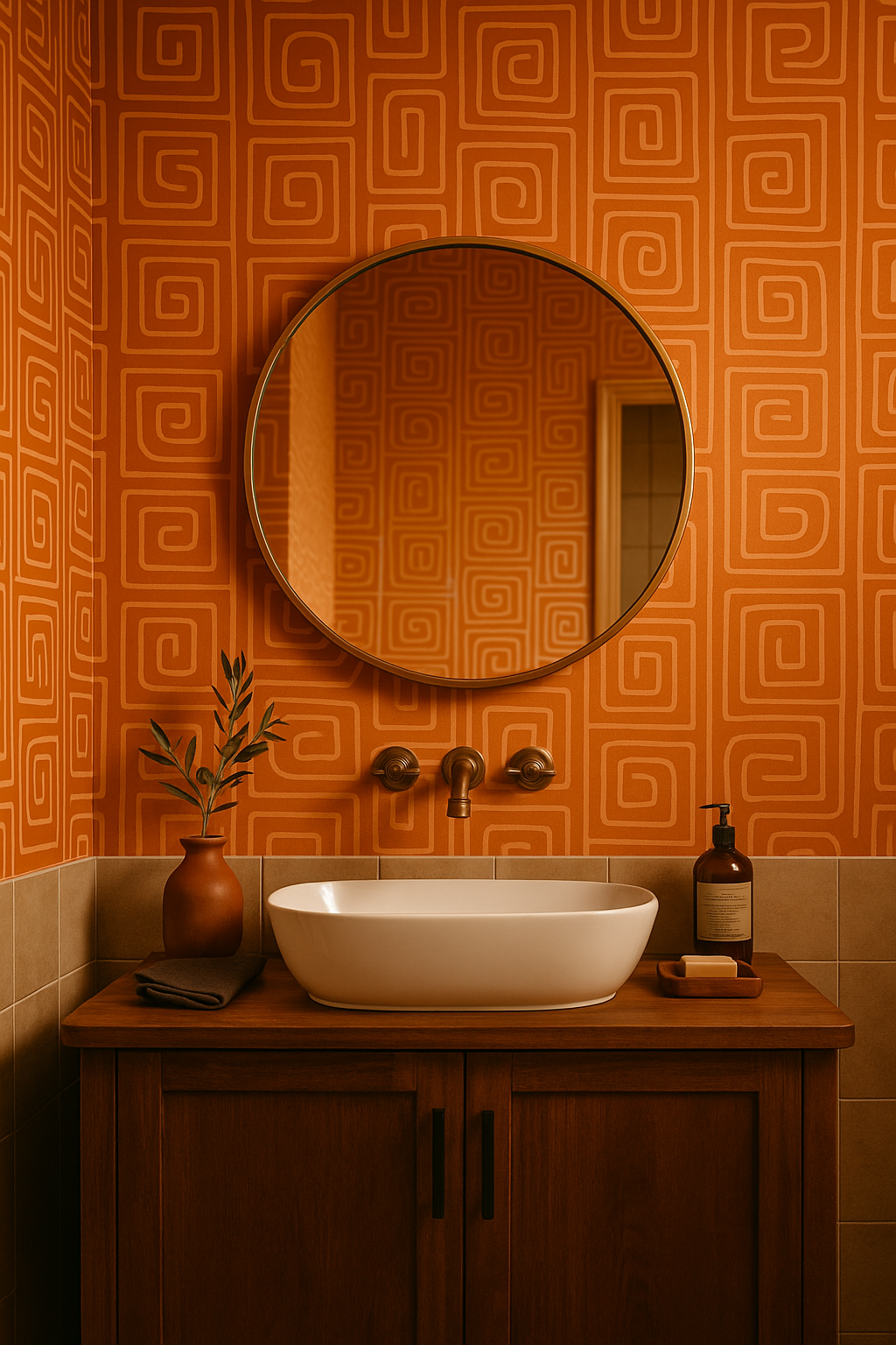 Terra Maze Wallpaper with orange maze pattern by wallpaper, displayed on a bathroom wall behind a sink.