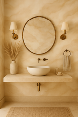 Desert Wash wallpaper with a beige marble-like pattern on the bathroom walls.