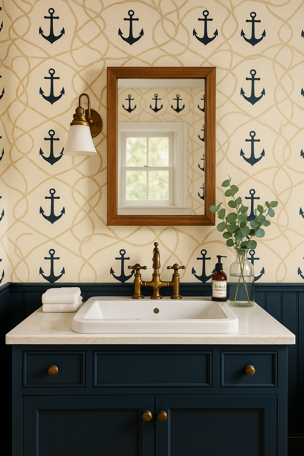 Anchors Away Wallpaper featuring blue anchor motifs over a light yellow backdrop with rope detailing.
