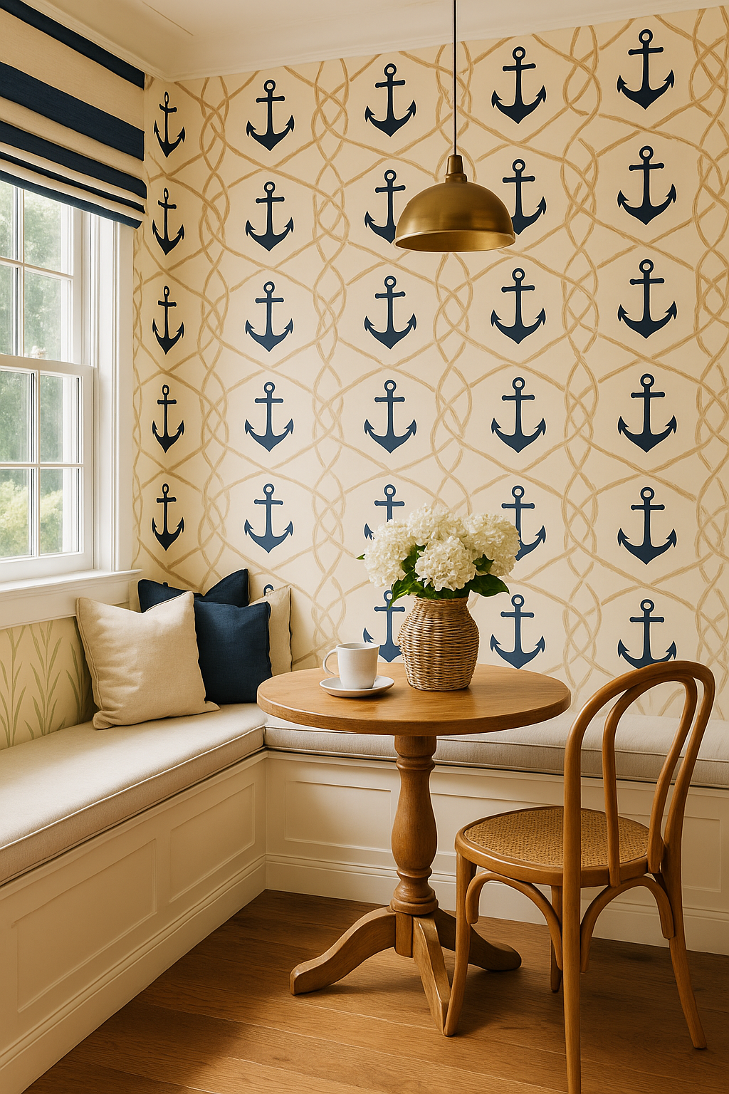Nautical themed wallpaper featuring blue anchor pattern on a beige background.
