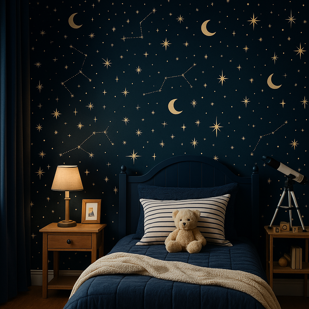 Starry Skies Wallpaper with a navy blue backdrop adorned with gold stars and constellations.