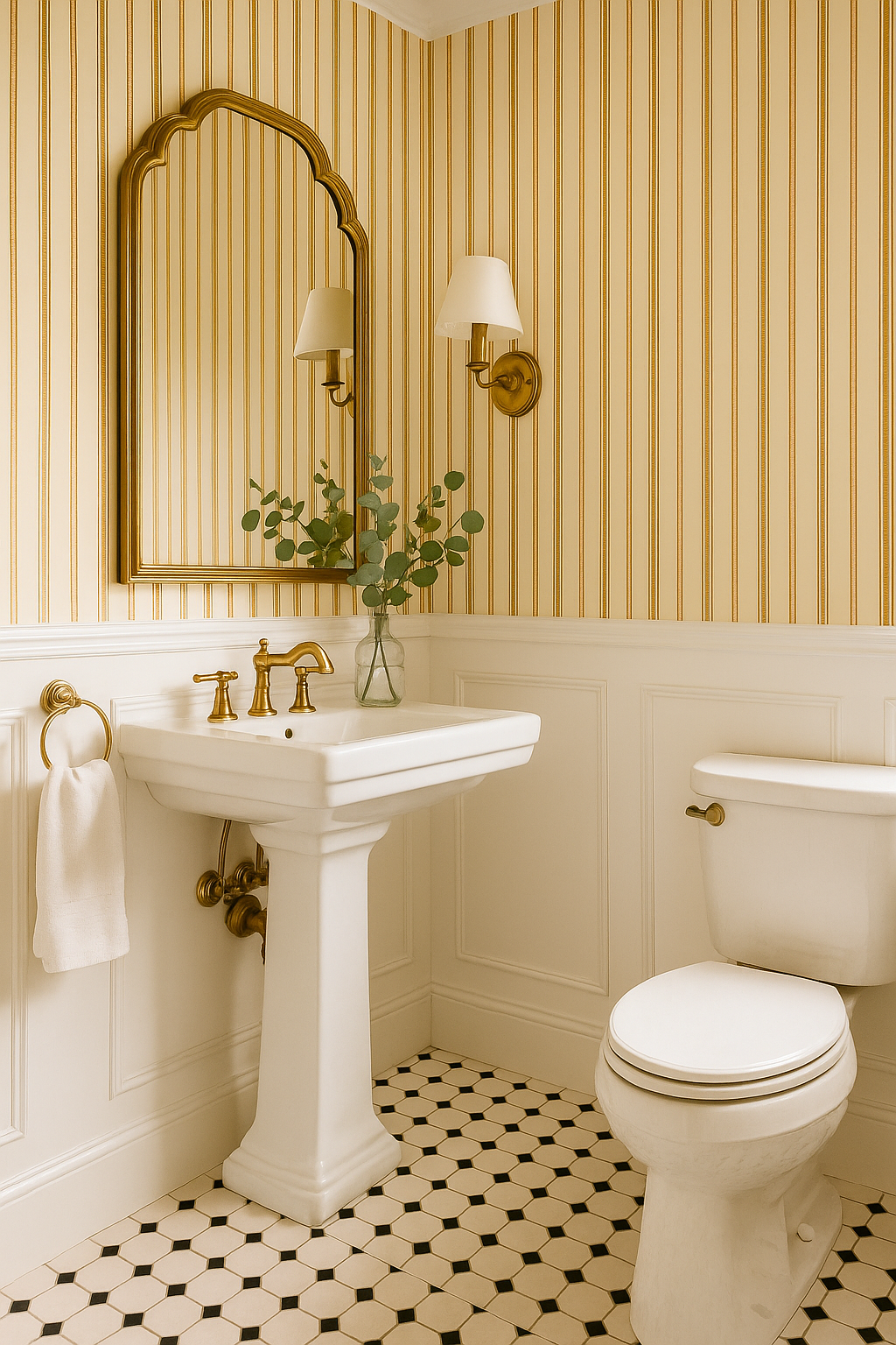 Striped Regency wallpaper with yellow and white stripes, featuring traditional styling.

