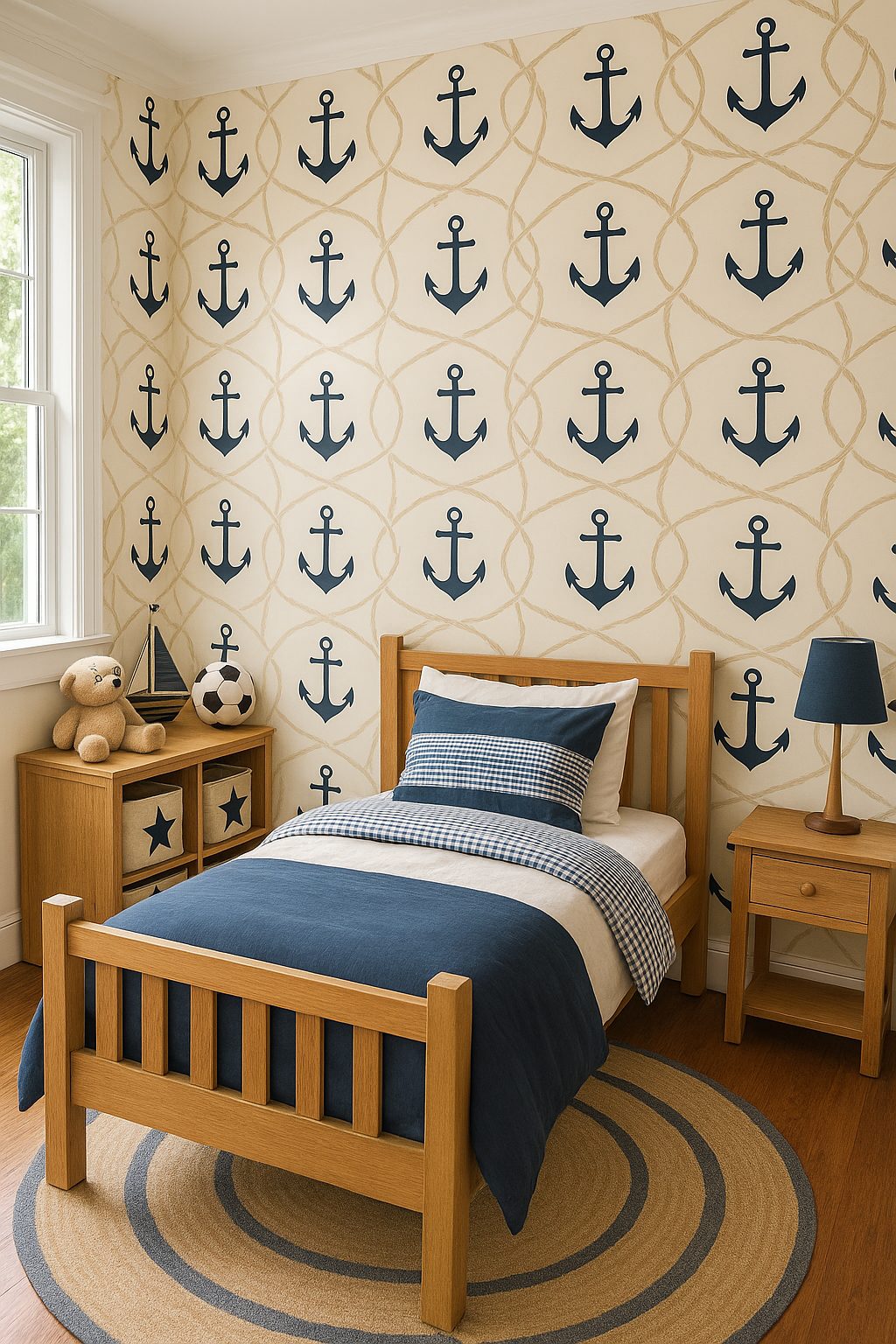 Anchors Away wallpaper featuring a nautical pattern of blue anchors and rope on a beige background.
