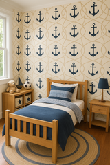 Anchors Away wallpaper featuring a nautical pattern of blue anchors and rope on a beige background.
