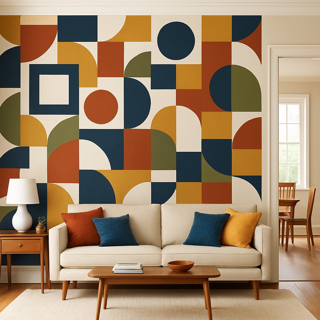 Modernist Blocks Wallpaper with colorful geometric shapes, circles, squares, and semi-circles on a beige background.