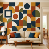 Modernist Blocks Wallpaper with colorful geometric shapes, circles, squares, and semi-circles on a beige background.