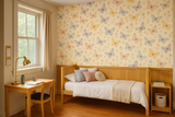 Butterfly garden wallpaper with pastel butterflies and flowers against a cream background.
