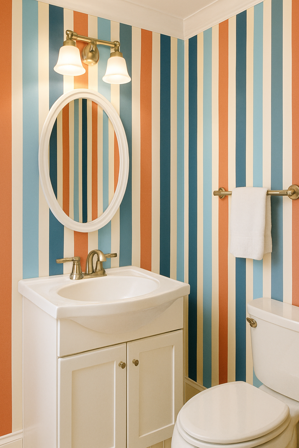 Cabana Revival Wallpaper with colorful stripes, including orange, blue, and cream tones.
