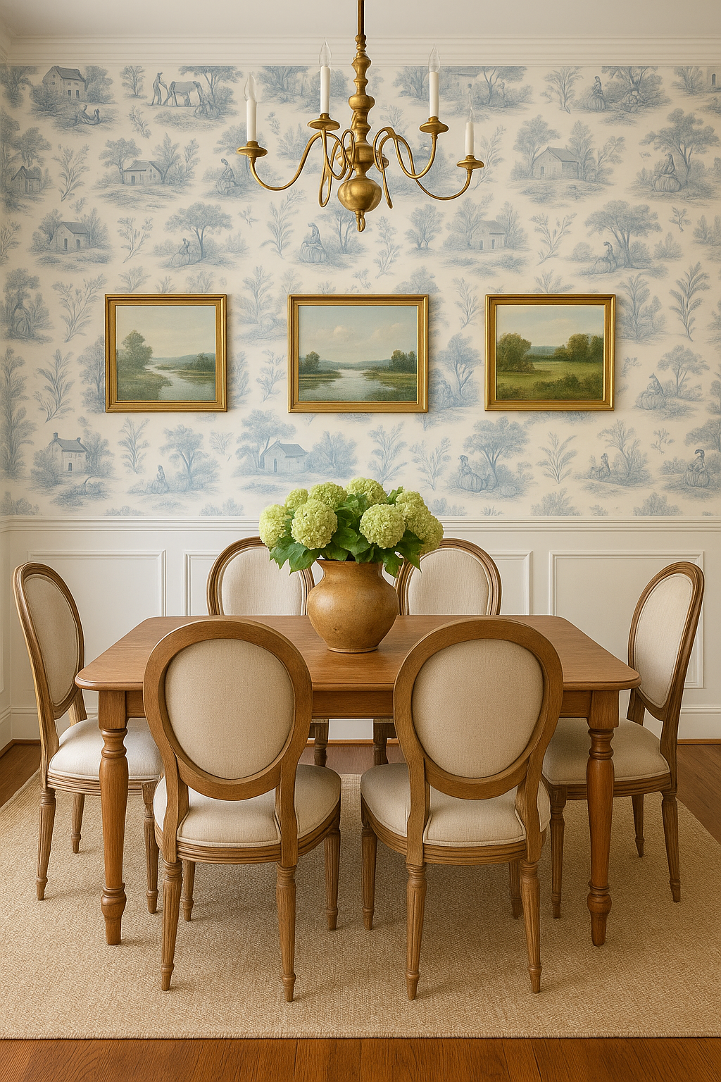 Toile de Jouy wallpaper with a blue pastoral scene, adorning the upper portion of a dining room.
