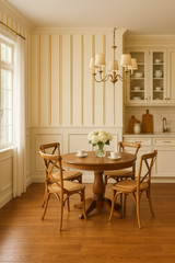 Regency Stripe Wallpaper with gold accents, shown in a traditionally styled dining room.