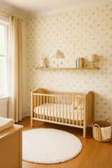 Dainty Dots Wallpaper with polka dot pattern in multiple pastel colors on cream background.