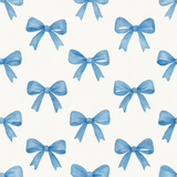 Bluebell Bows Wallpaper with blue bow pattern on a textured, light beige background.