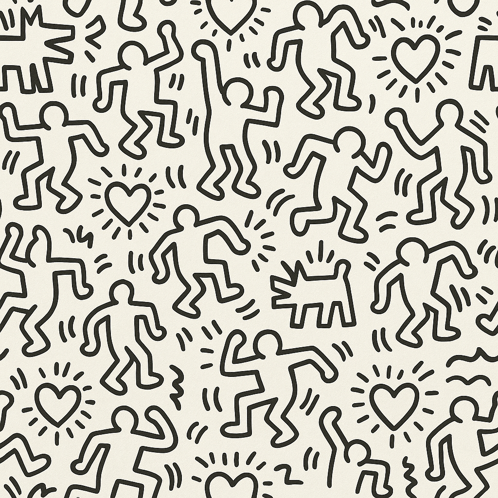 Playhouse wallpaper by Keith Haring featuring dancing figures, hearts, and a dog pattern in a black and off-white palette.
