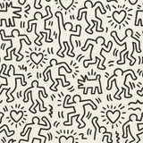 Playhouse wallpaper by Keith Haring featuring dancing figures, hearts, and a dog pattern in a black and off-white palette.
