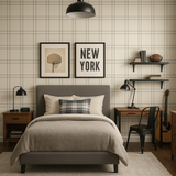 Plaid wallpaper in a beige and gray color scheme, patterned with a subtle grid.