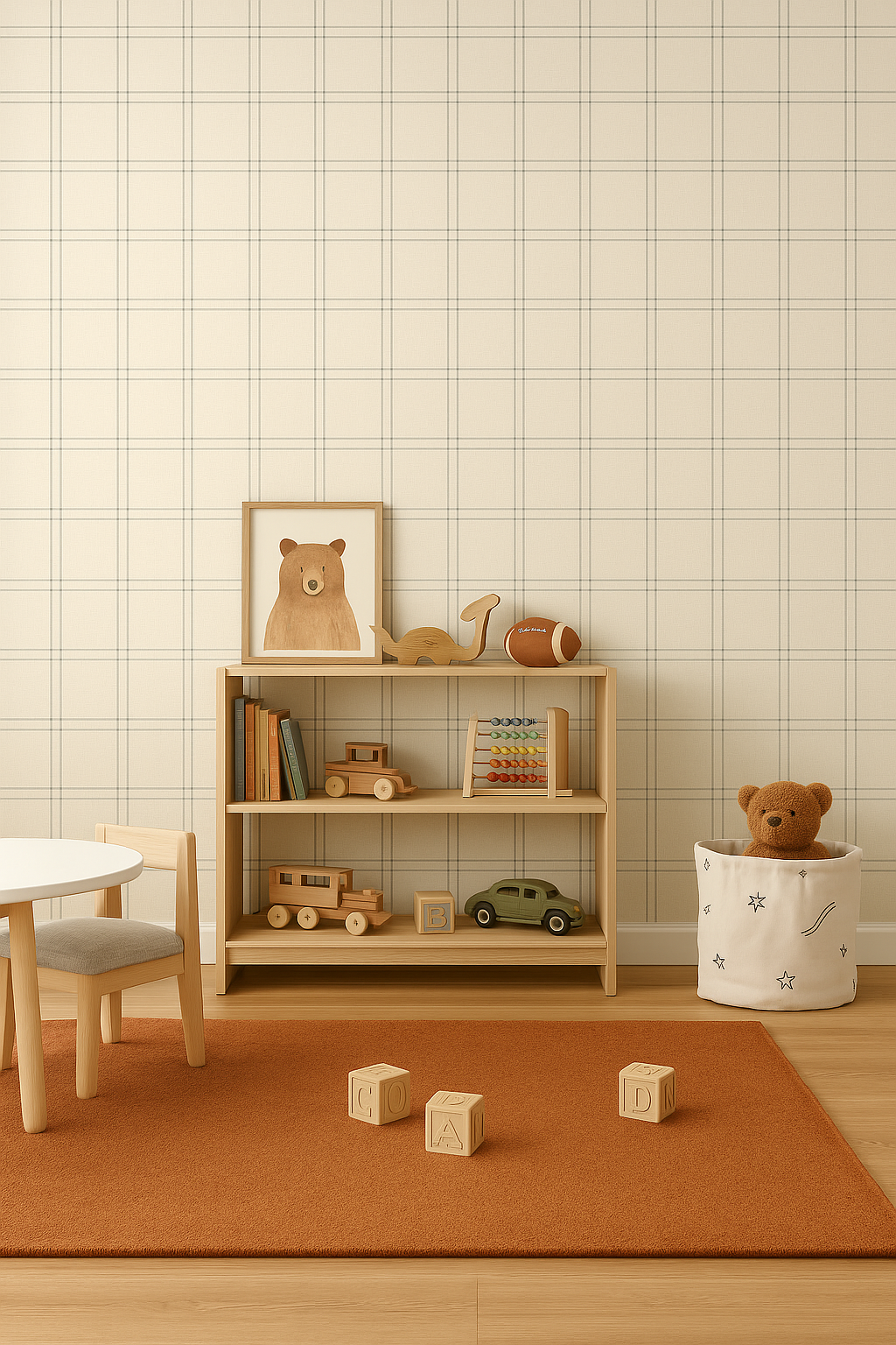 Endearing plaid wallpaper with a neutral grid pattern, adding a sweet touch to a cozy children's room.