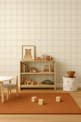 Endearing plaid wallpaper with a neutral grid pattern, adding a sweet touch to a cozy children's room.