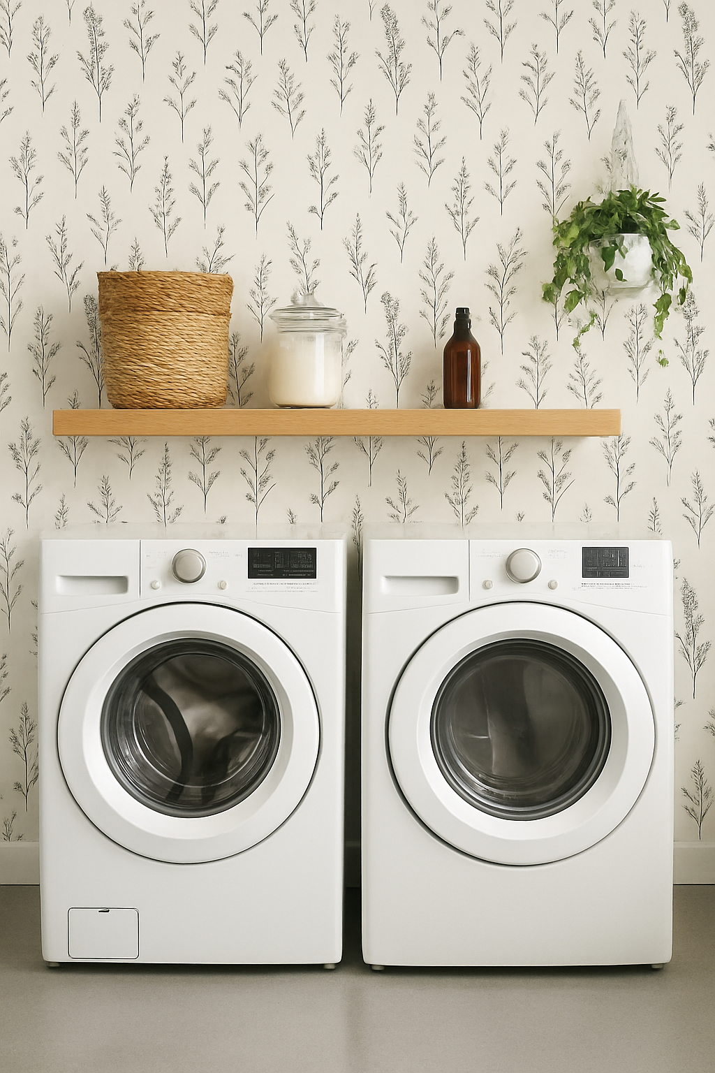 Botanical linework wallpaper with leafy fern pattern, decorative shelf, laundry machines, and potted plant.
