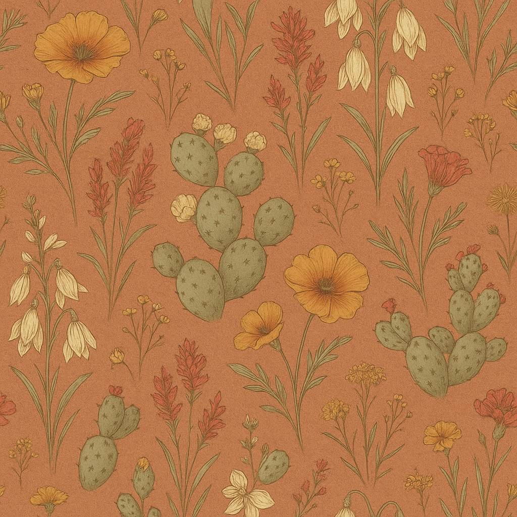 Floral wallpaper with a desert bloom pattern in orange, yellow, and green.