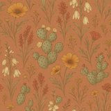 Floral wallpaper with a desert bloom pattern in orange, yellow, and green.
