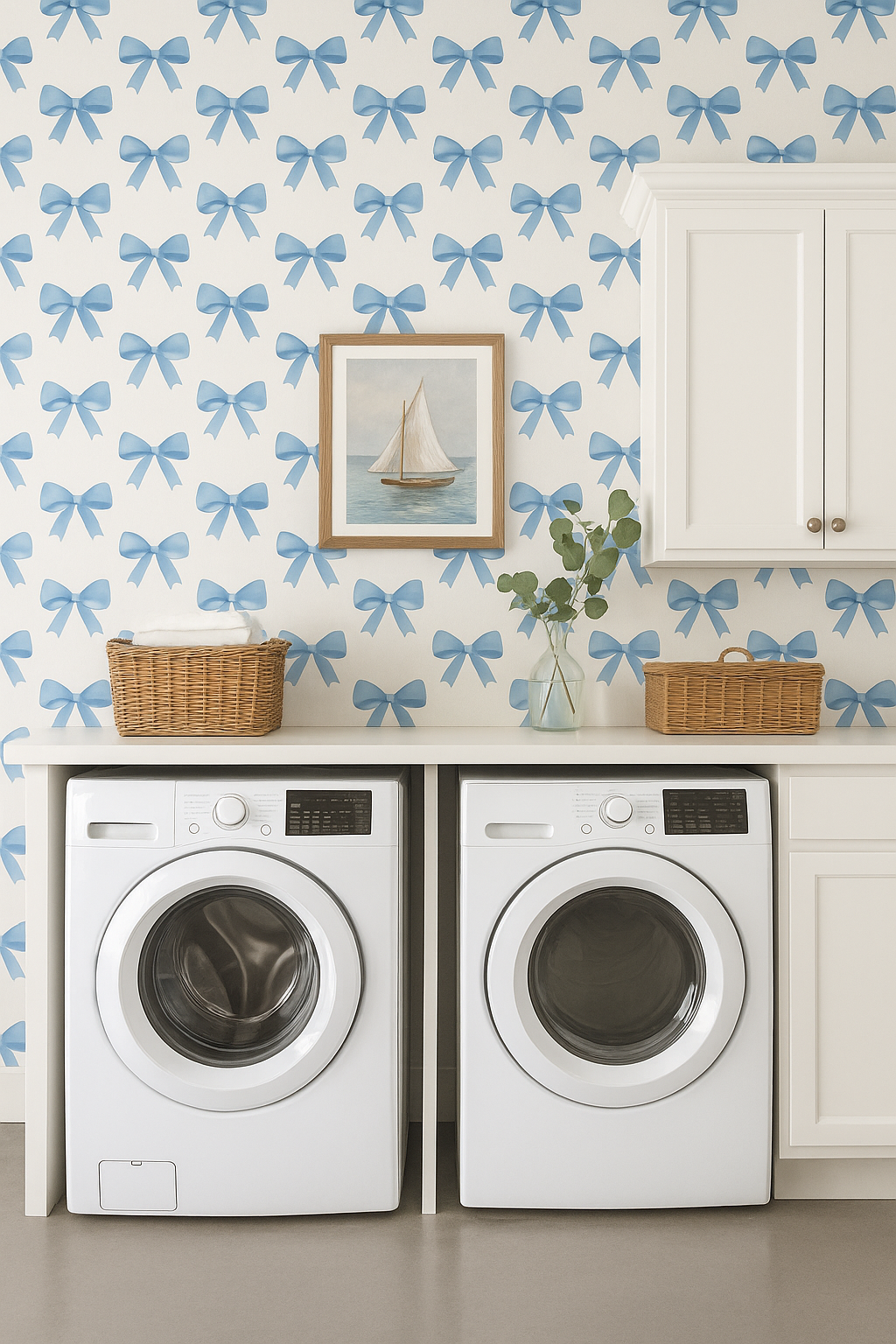 Bluebell Bows Wallpaper with a bow pattern on a white backdrop.
