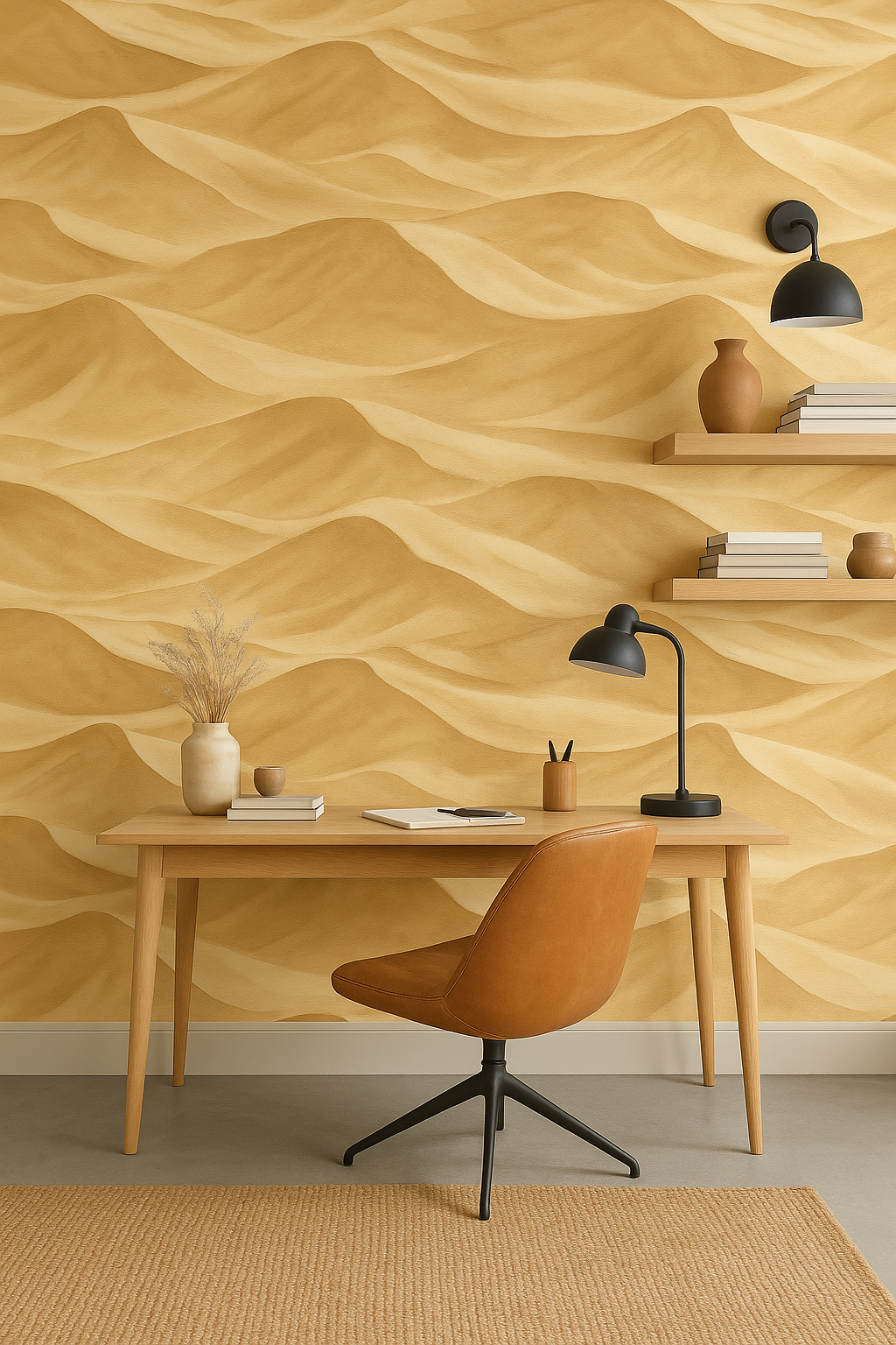 Golden dunes wallpaper with a desert landscape pattern, styled with wooden furniture, and black lighting fixtures.