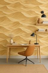 Golden dunes wallpaper with a desert landscape pattern, styled with wooden furniture, and black lighting fixtures.