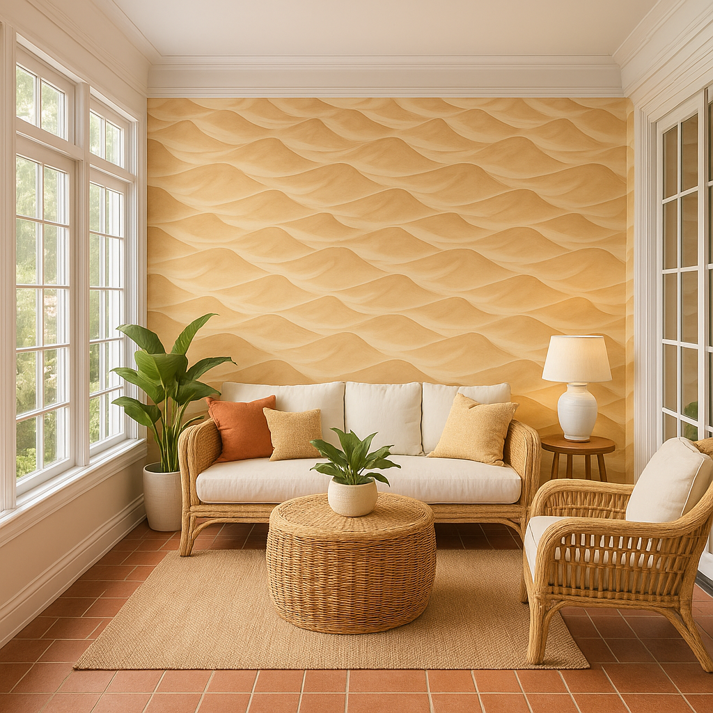 Golden Dunes wallpaper with a sand dune pattern, textured finish, and warm, inviting aesthetic.
