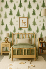 Green pine trees wallpaper with a forest pattern and a neutral color palette.
