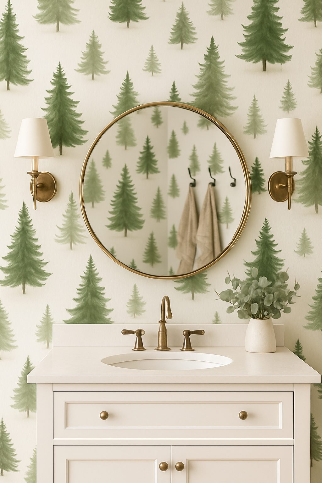 Pine Trees Wallpaper with green forest pattern on a neutral background.

