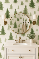 Pine Trees Wallpaper with green forest pattern on a neutral background.
