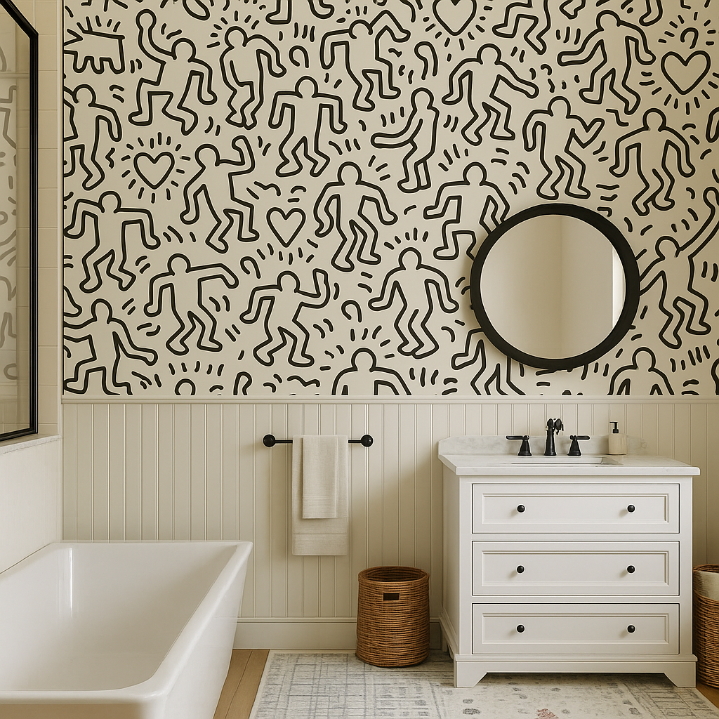 Haring Playhouse Wallpaper with a Keith Haring-inspired pattern of dancing figures and hearts.

