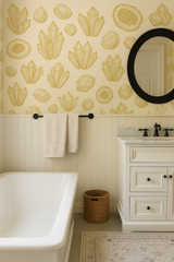 Crystal Reverie Wallpaper featuring gold crystal and stone patterns, stylishly decorating a bathroom.
