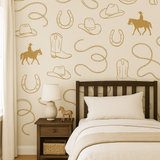 Prairie Rider Wallpaper featuring horseshoe, hat, and cowboy motifs.
