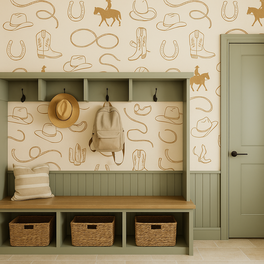 Prairie Rider Wallpaper with cowboy-themed pattern on a beige wall behind a sage green mudroom storage bench.
