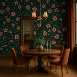 Floral wallpaper with pink cherry blossom print on dark teal background.

