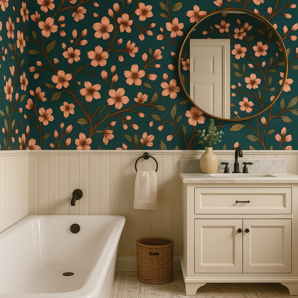 Midnight Sakura Wallpaper with a floral pattern on a dark green background.
