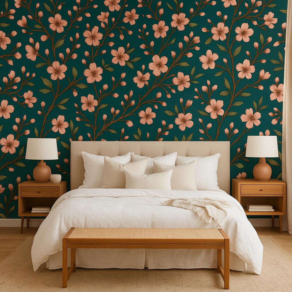Floral pattern wallpaper with a teal background from Wallshoppe, featuring a peach blossom design.
