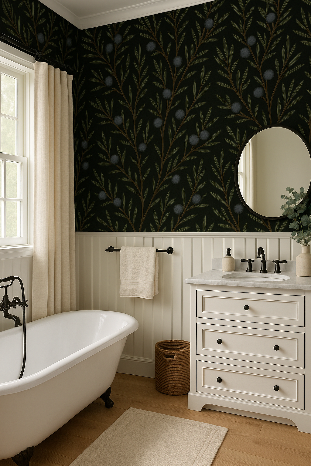 Dark green botanical pattern wallpaper with blue juniper berries by York Wallcoverings, covering the upper half of a bathroom.
