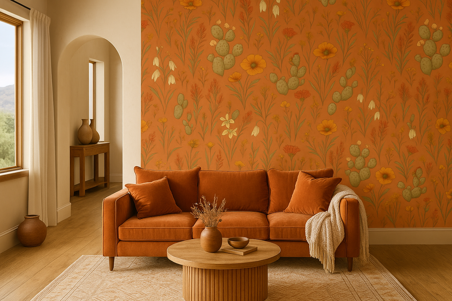 Floral desert bloom wallpaper with cactus pattern, orange background, and southwestern aesthetic.