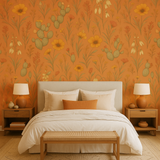 Floral Desert Bloom Wallpaper with desert plants pattern on an orange background.
