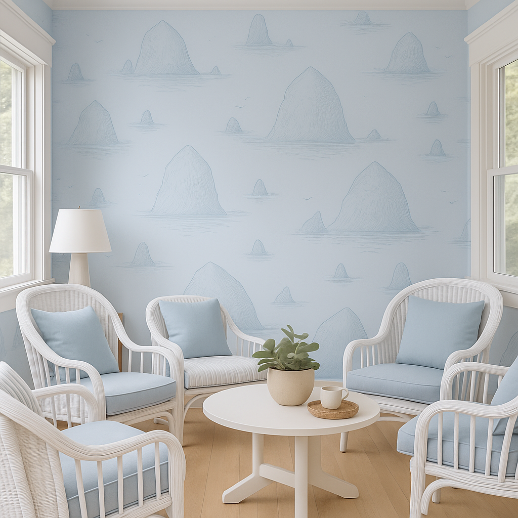 Haystack Rock Wallpaper in light blue, with hand-drawn mountains pattern, featuring a minimalist, coastal style.

